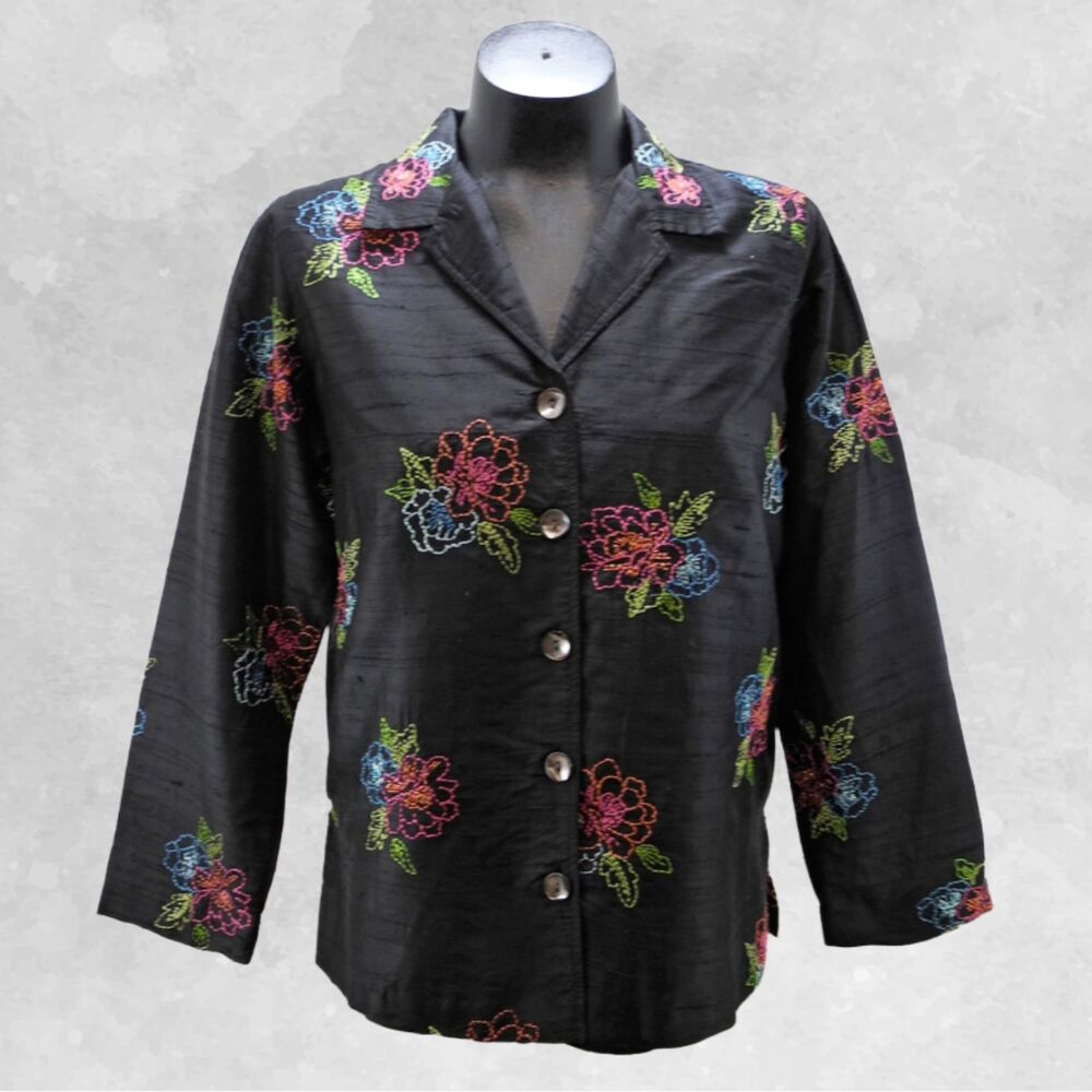 Laura Ashley Silk Floral Jacket Petite Small Black Embroidered Button-Front Top